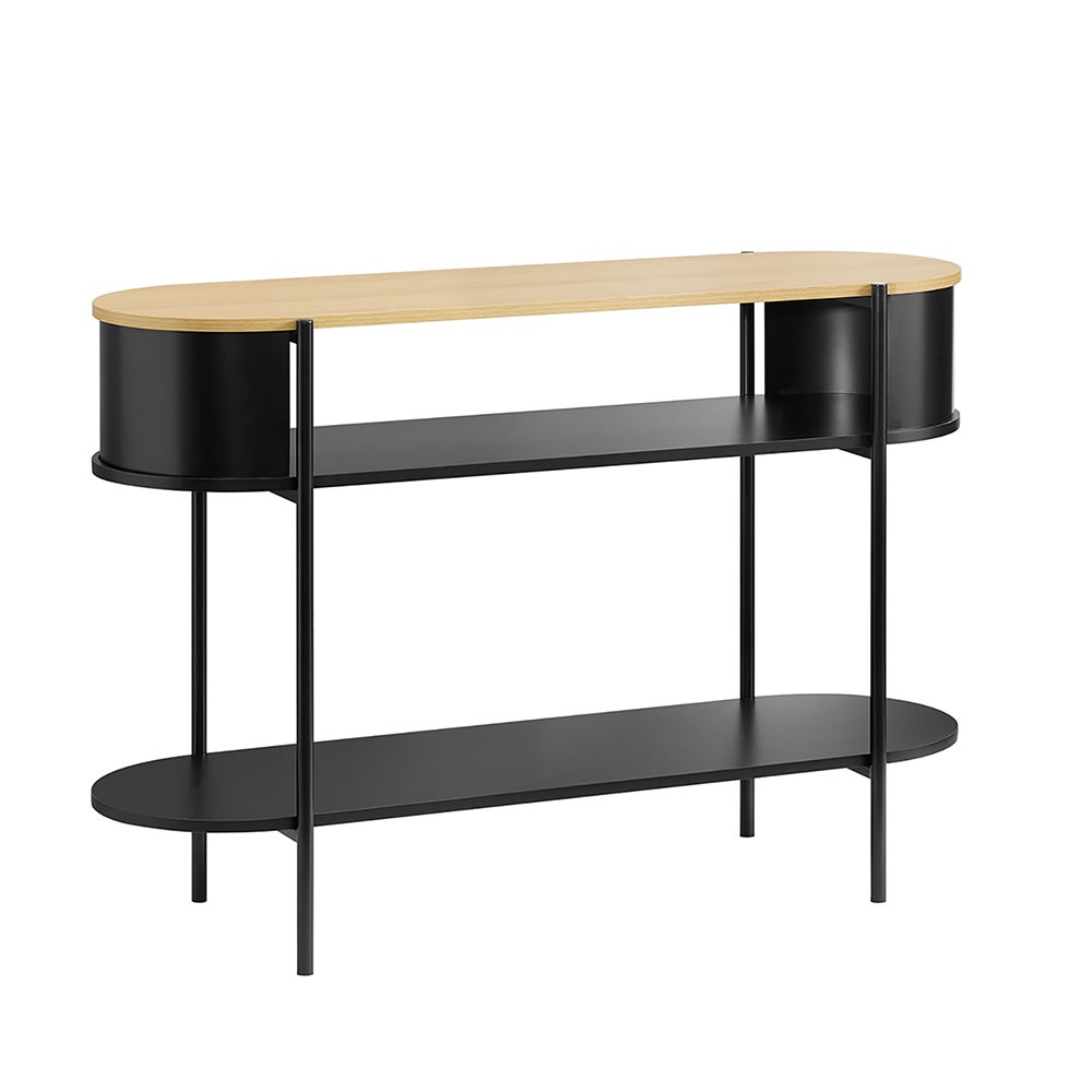 SoBuy Konsola Regał Owalny Industrialny z 2 Półkami i Blatem Dąb FSB102-SCH