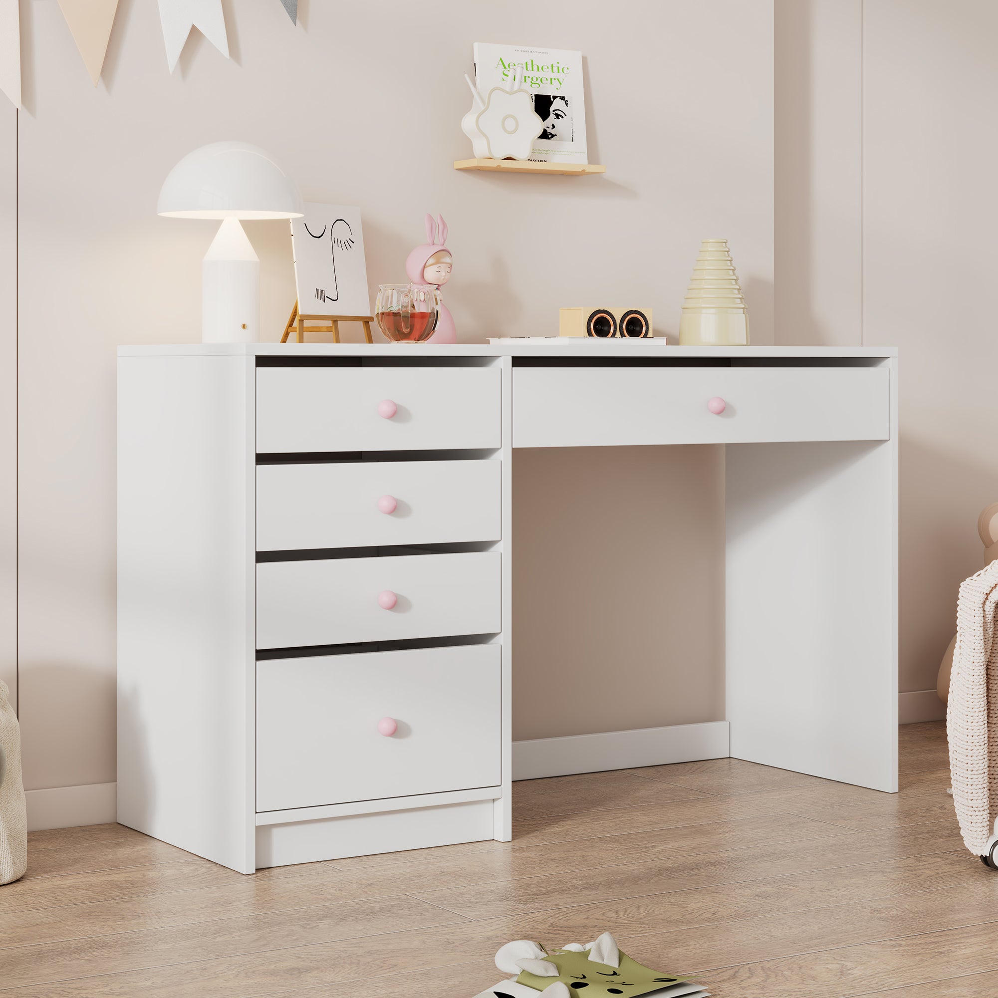 Bureau avec 5 tiroirs - 120 x 45 x 74 cm - MDF et poignées en céramique rose - Blanc - 3