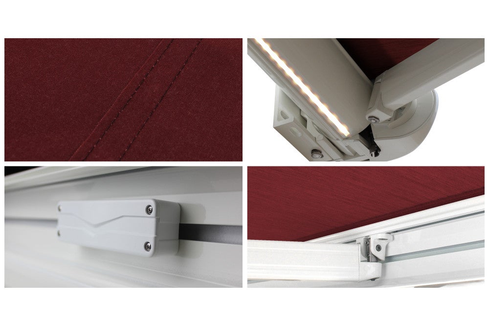 Store banne Coffre intégral PROTECT 2 LED SMART Blanc 5x3,5m Motorisé à télécommande + Capteur Vent + LED - Toile Rouge - 5