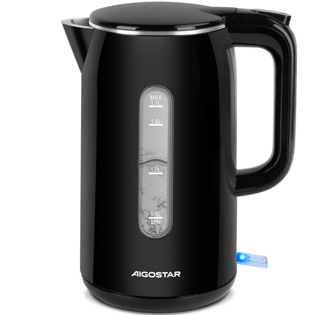 Hervidor Eléctrico 1.7L 2200W, Base 360°, Protección Ebullición en Seco, Ventana de Agua, Luz Azul, VDE, Negro - Aigostar