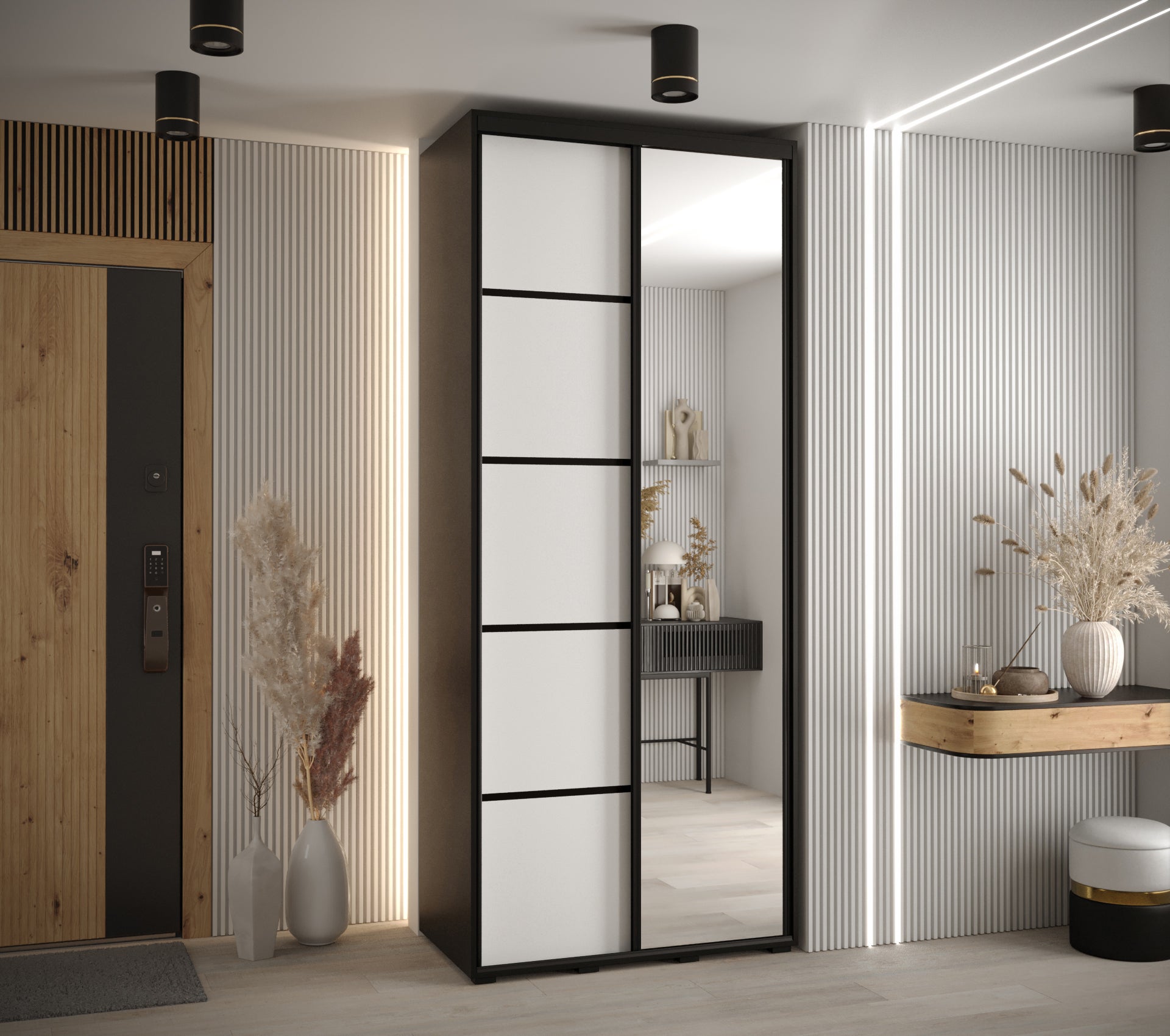 Szafa przesuwna z lustrem wysoka Davos 5 110 x 45 x 235,2 cm czarny + biały + u. czarny - Abiks Meble - 2