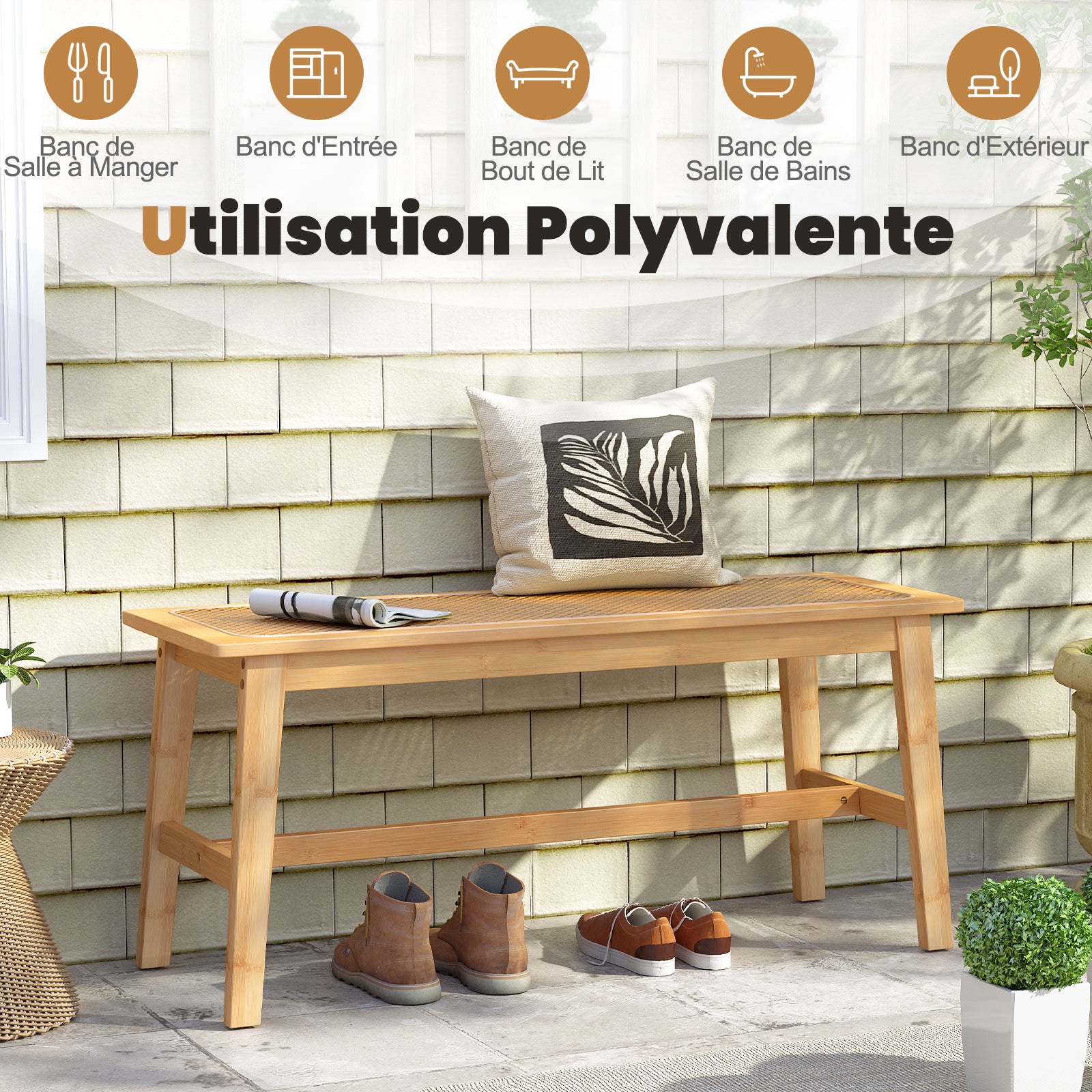 Banc de Salle à Manger en Bambou avec Assise en Rotin Tressé à la Main, Banc d'Intérieur pour Entrée, Ottomane pour Chaussures 100 x 35 x 45 cm - 2