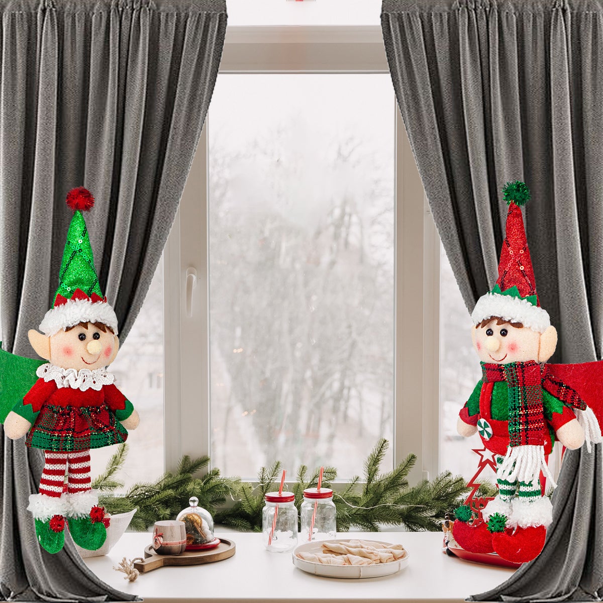 2 adornos navideños vintage de elfos para colgar en cortinas - Adorno para ventana, decoración navideña de poliéster para el hogar - 4