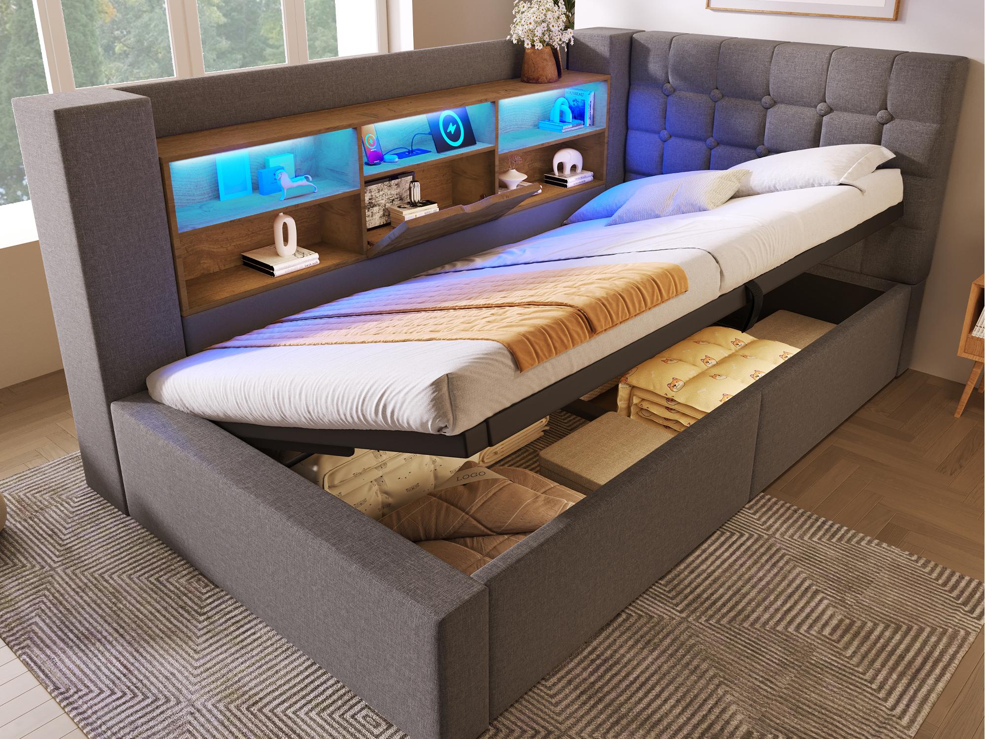 Sofa rozkładana 90x200 cm z pojemnikiem na pościel - z diodami LED i portem ładowania - z podstawą z listew - tkanina lniana - szara