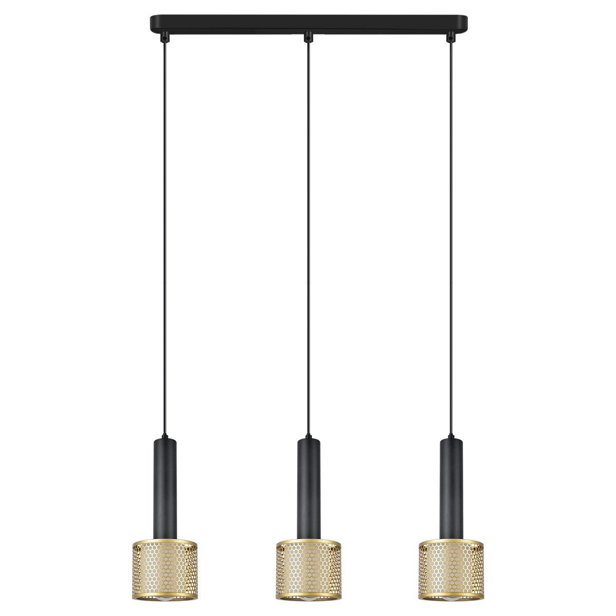 Lampa wisząca 3-punktowa, metal w kolorze czarnym i złotym, oprawka E27, 50 cm, industrialny szykowny design