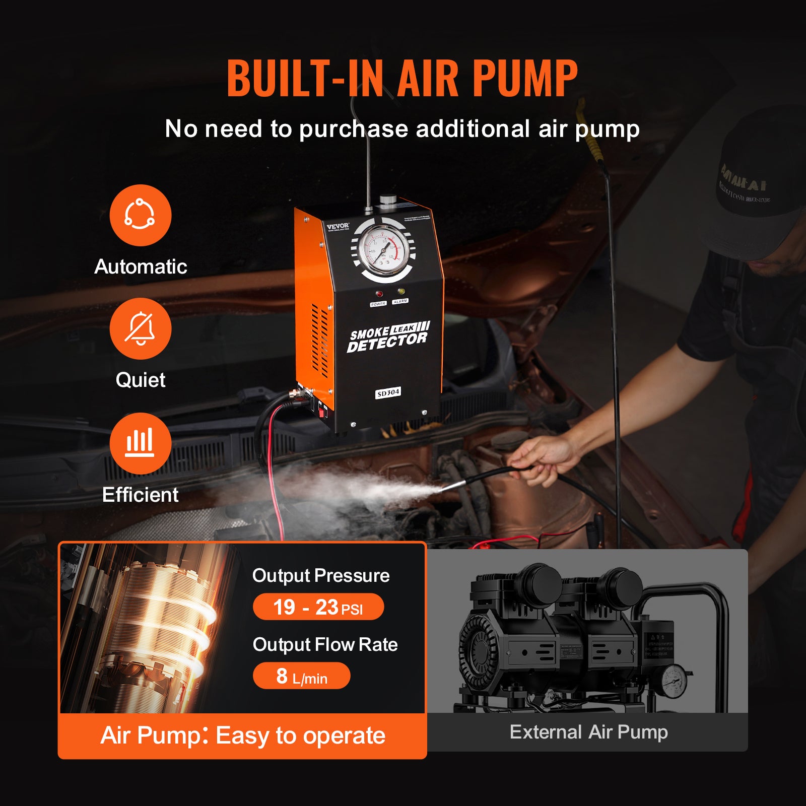 Détecteur de fuite VEVOR de carburant 2 Modes, pompe à air et manomètre intégrés, testeur de fuite de tuyau de système d'échappement de voiture - 3