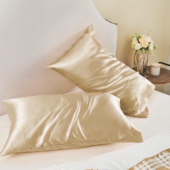 Taie d'oreiller en satin (2 pièces) - Oreiller doux et soyeux - Fermeture portefeuille - Anti-acariens et hypoallergénique - 51 x 76 cm - Beige - 5