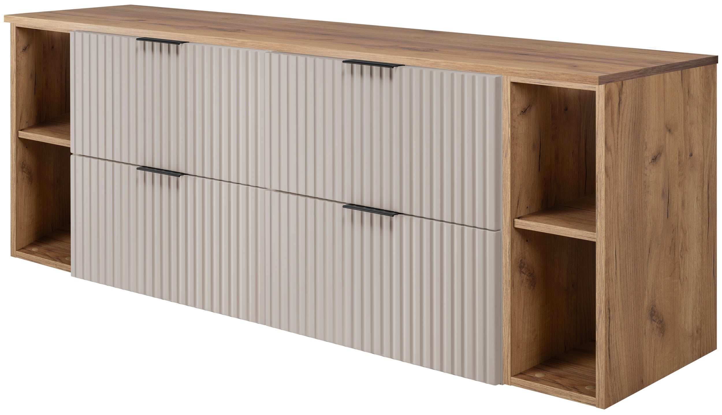 Zestaw łazienkowy FLOW 160 cm kaszmir z regałami dąb craft blat w zestawie