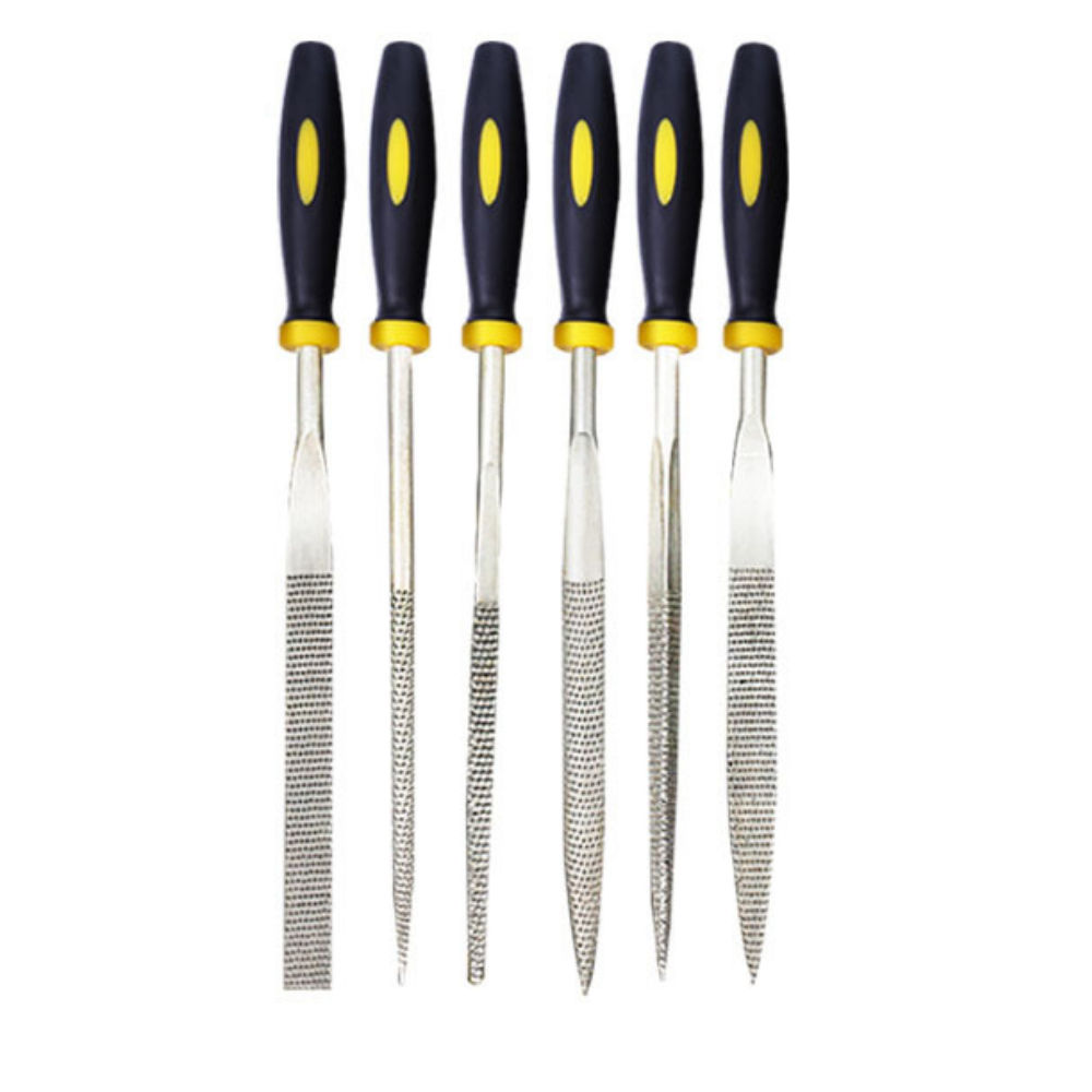 Zestaw 6 mini pilników ręcznych do drewna z miękką rękojeścią do drewna i miękkiego metalu. Pilniki jubilerskie, 4 x 140 mm, małe, płaskie, kwadrato