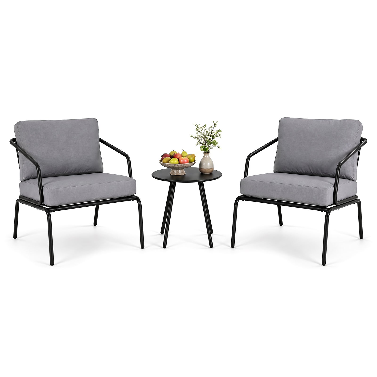 Set de mobilier de grădină din 3 piese cu perne, mobilier de terasă pentru 2 persoane cu 2 fotolii, masă rotundă, cadru metalic, picioare reglabile