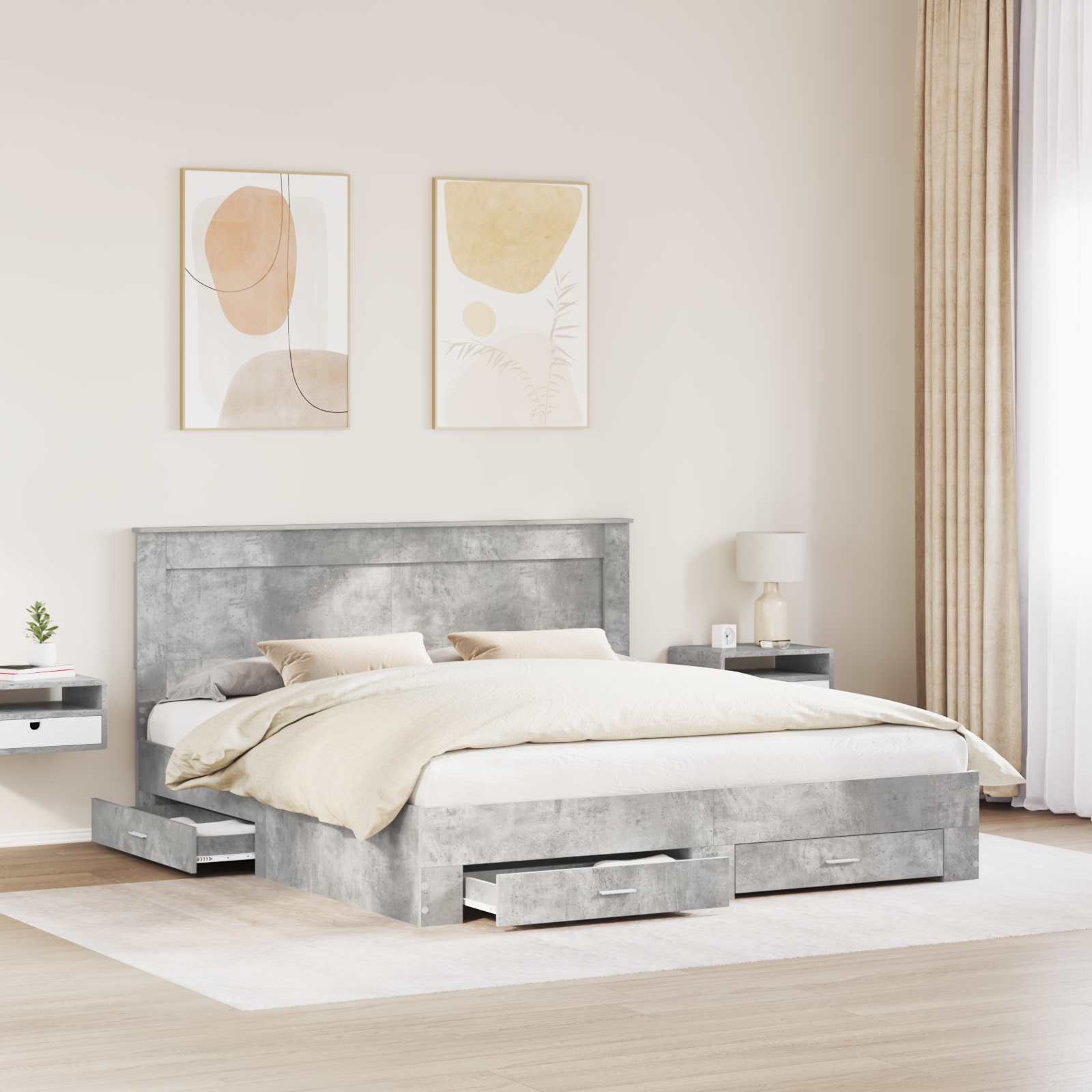Cadre de lit gris béton 200 x 200 cm panneau de bois - 3