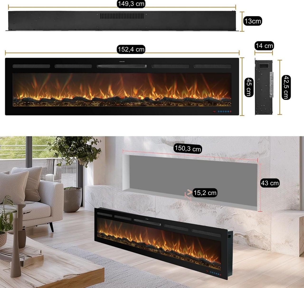 Chimenea eléctrica de pared mystflame galaxy 60 pro new wifi, empotrada y de suelo, control por app, alexa y google assistant, 1500w (152 cm)