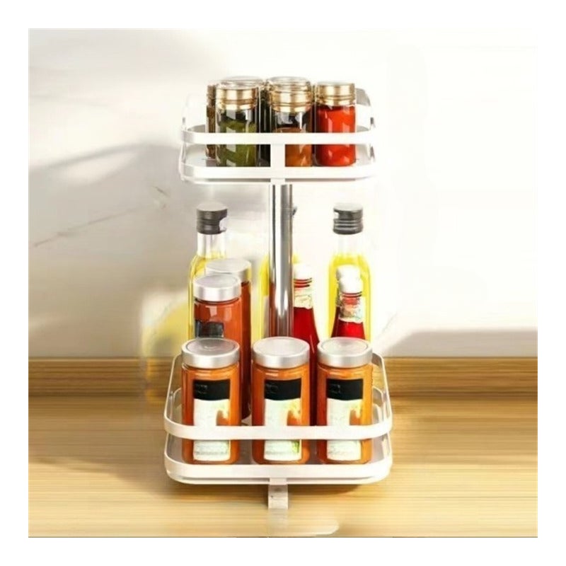Półka na przyprawy na blacie kuchennym, obrotowa, metalowa, regulowana wysokość, 2 poziomy, kwadratowa, biała, 24*24*43,5 cm