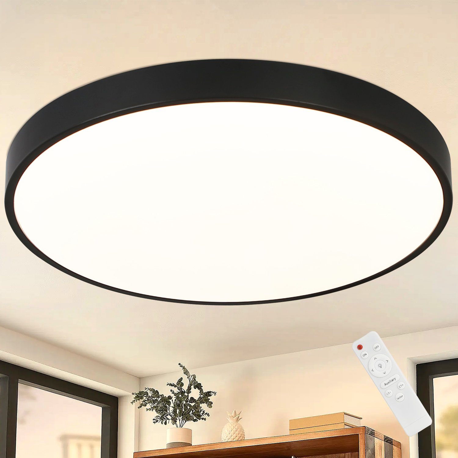ZMH Czarna okrągła lampa sufitowa LED IP44 o średnicy 37 cm z regulowaną jasnością