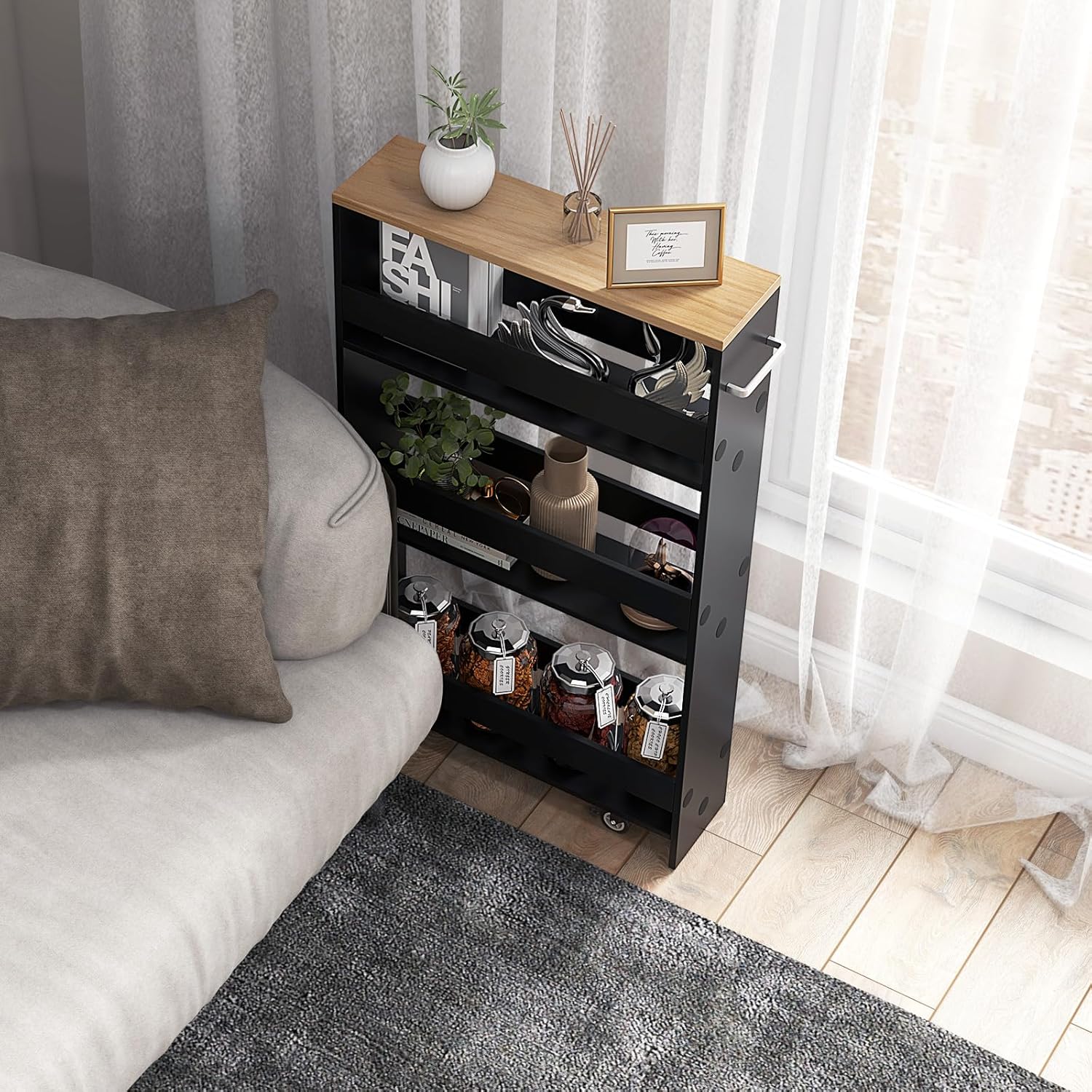 Chariot de Rangement Largeur 13 cm à roulettes, Desserte de Cuisine à 4 Niveaux, Poignée Latérale et Roues Universelles avec Freins (Noir + Naturel) - 7