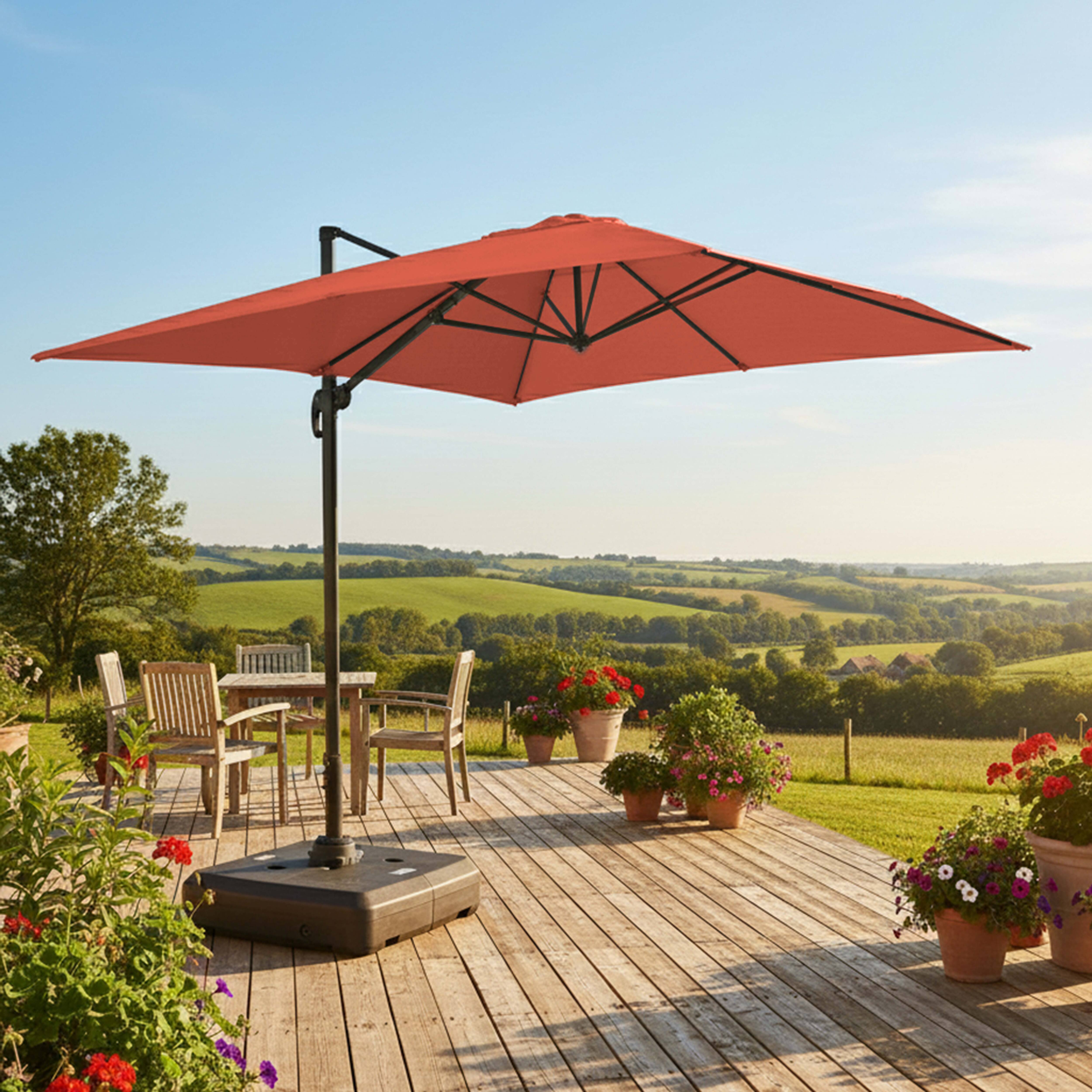 Parasol déporté 4x3 m inclinable + à lester sur roues terracotta - 2