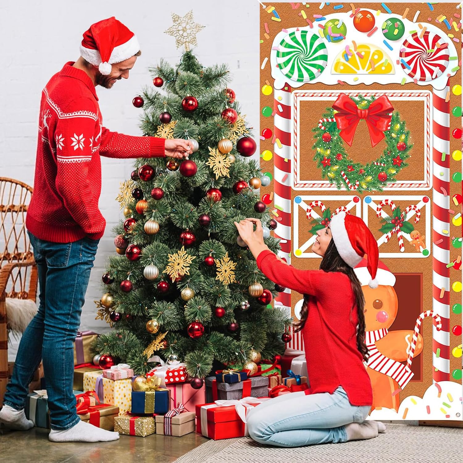 Cubierta navideña para puerta, banderín navideño colgante de 200x90cm, decoración navideña para puerta, fondo navideño, banderín de Feliz Navidad par - 4