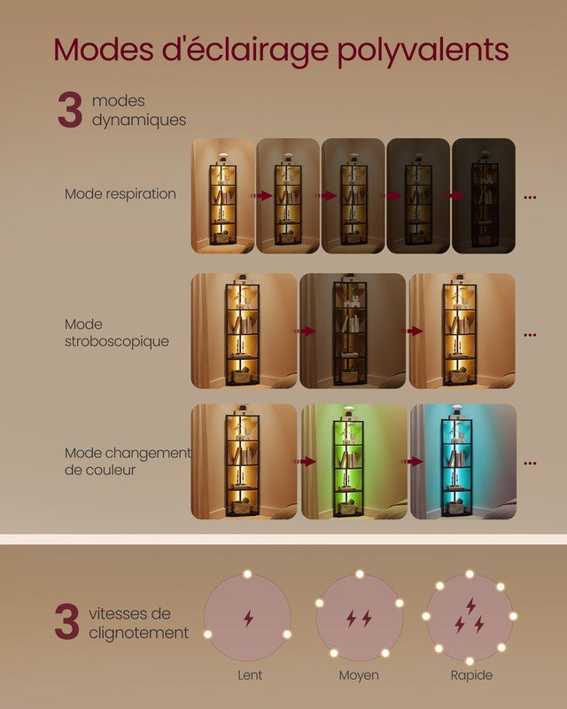Étagère d'angle à 5 Niveaux, Bibliothèque avec Éclairage LED Réglable, Meuble de Rangement avec Cadre en Acier,pour Salon, Chambre, Noir Boisé - 4