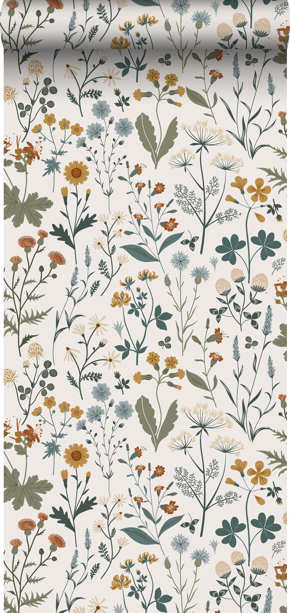 Papel pintado flores silvestres amarillo ocre, verde grisáceo y azul vintage - 0,53 x 10,05 m - estahome