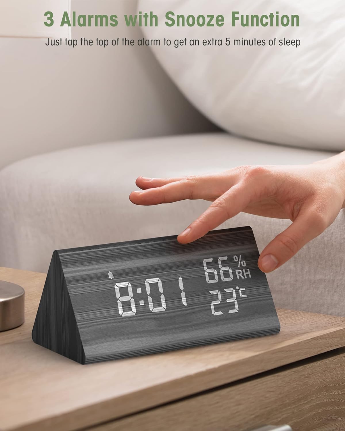 Réveil numérique en bois, avec fonction snooze, date, température et humidité - Noir - 4