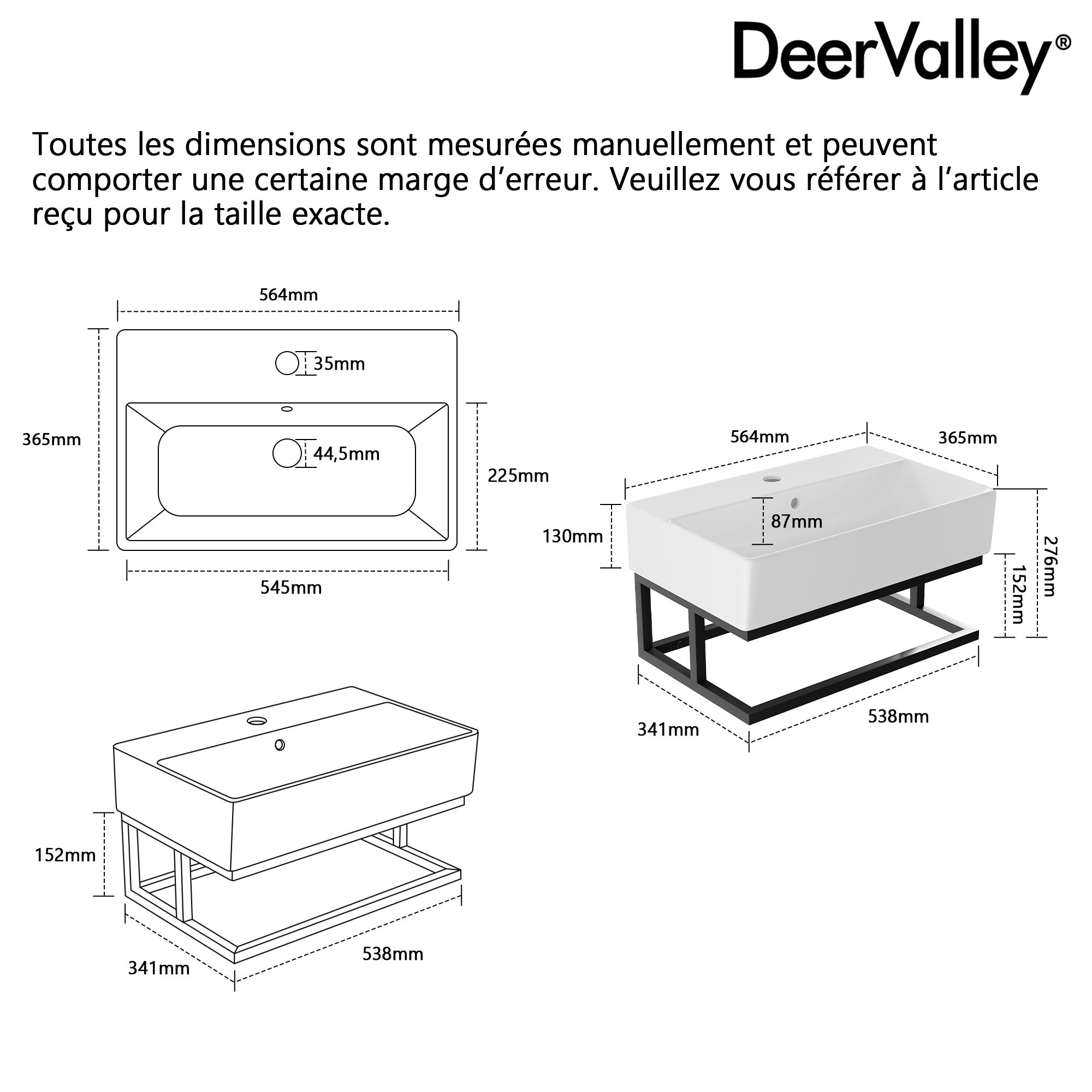 Vasque lave mains Salle de Bain - Vasque lave mains mural rectangulaire blanc mat en céramique avec porte-serviettes - Pour petit espace - DeerValley - 7