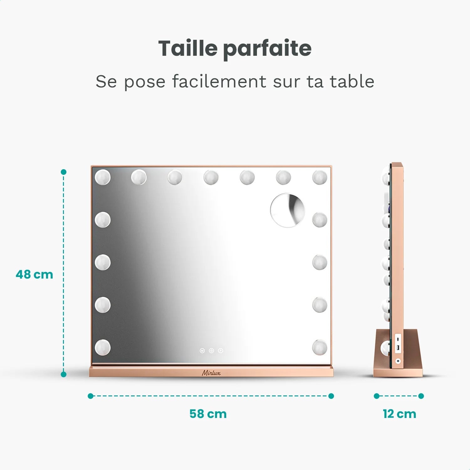 Miroir Hollywood Mirlux 58 x 48 cm - Port de chargement USB et USB-C - 3 niveaux d'intensité lumineuse - Miroir de maquillage LED - Or rose - 9