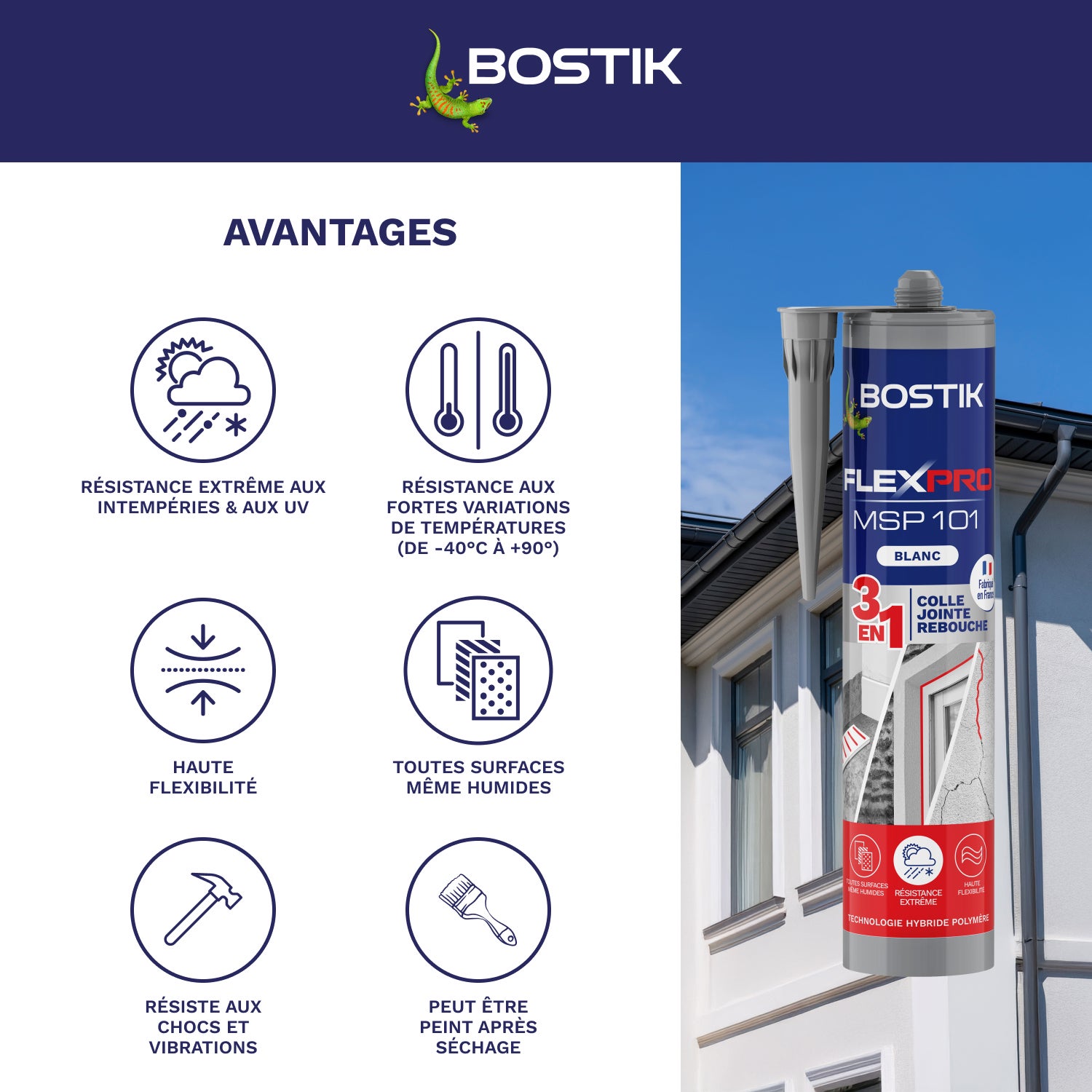Bostik Mastic Colle Flexpro MSP101 - Colle Jointe et Rebouche - Tous Matériaux - Intérieur/Extérieur - Hautes Performances - Blanc - 290ml - 3