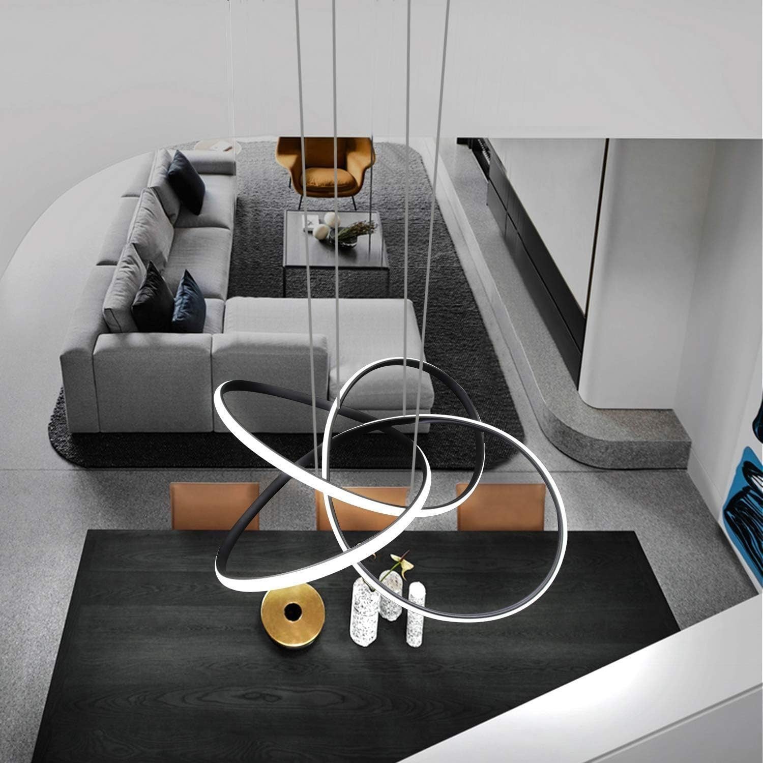 Suspension LED Nettlife pour salon&nbsp;: noire, à intensité variable, 62&nbsp;W, Ø&nbsp;58&nbsp;cm, anneaux, hauteur réglable - 8