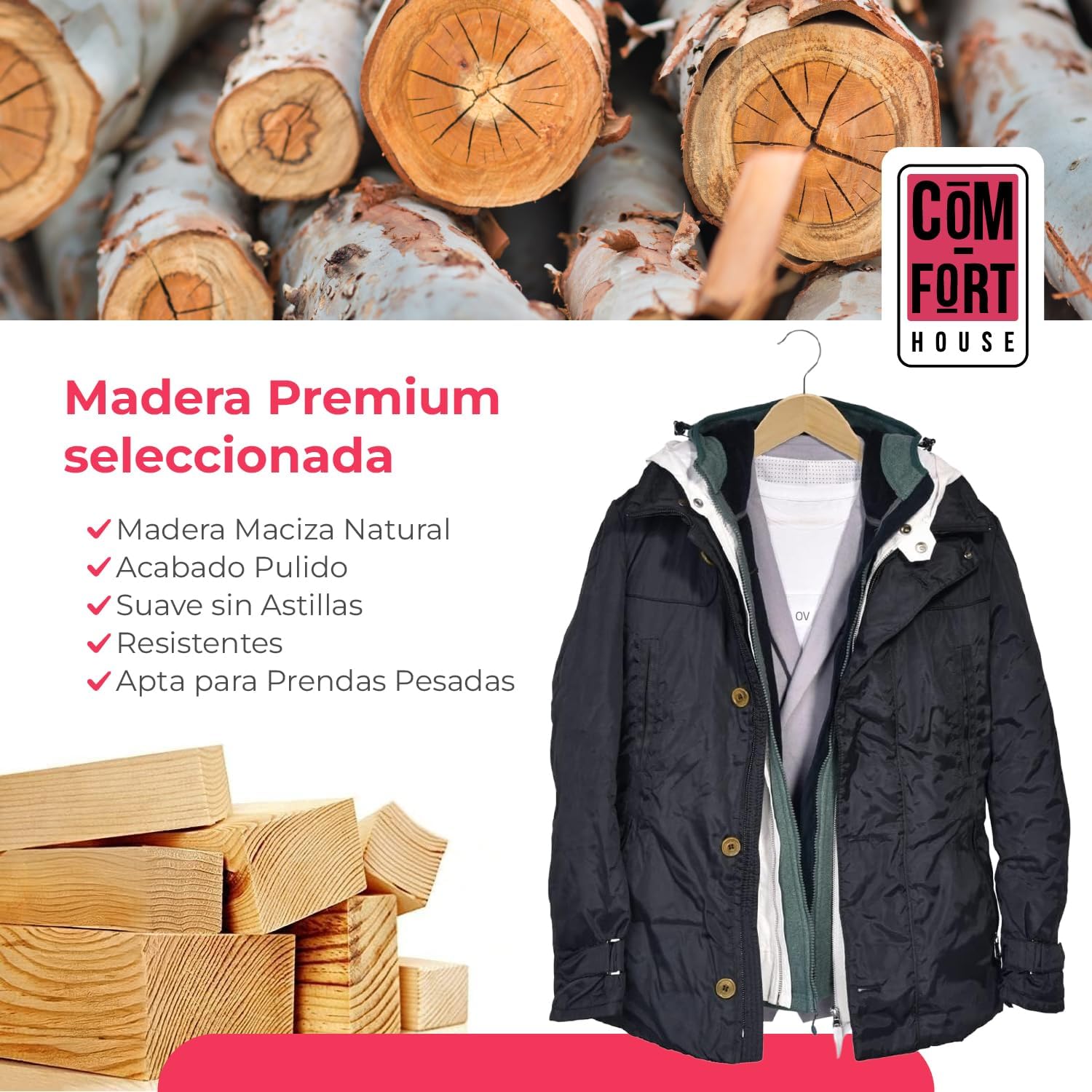 Lot de 20 Cintres en Bois Massif Couleur Naturelle avec Crochet Pivotant à 360° et Encoches Antidérapantes - 6