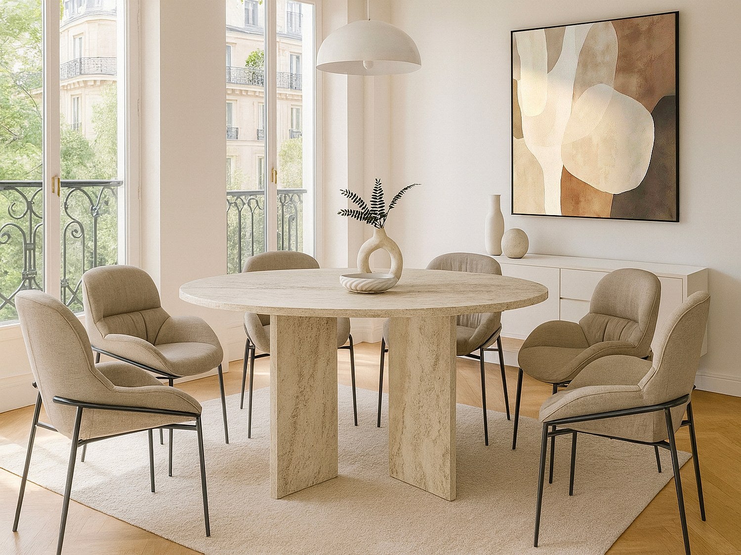 Stół do jadalni, okrągły, 6-os. - Efekt beżowego trawertynu - TOPANIA