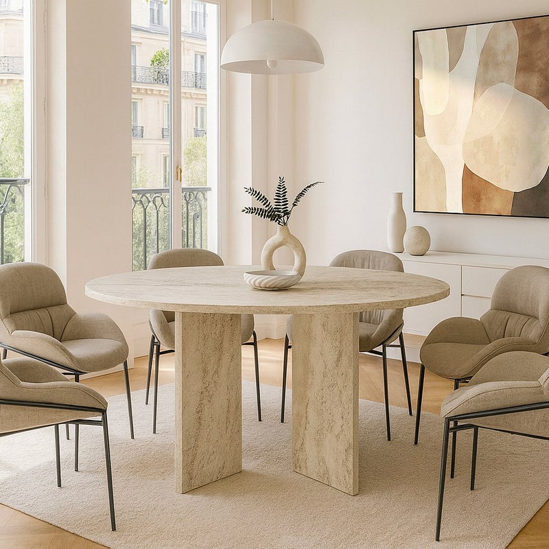Stół do jadalni, okrągły, 6-os. - Efekt beżowego trawertynu - TOPANIA