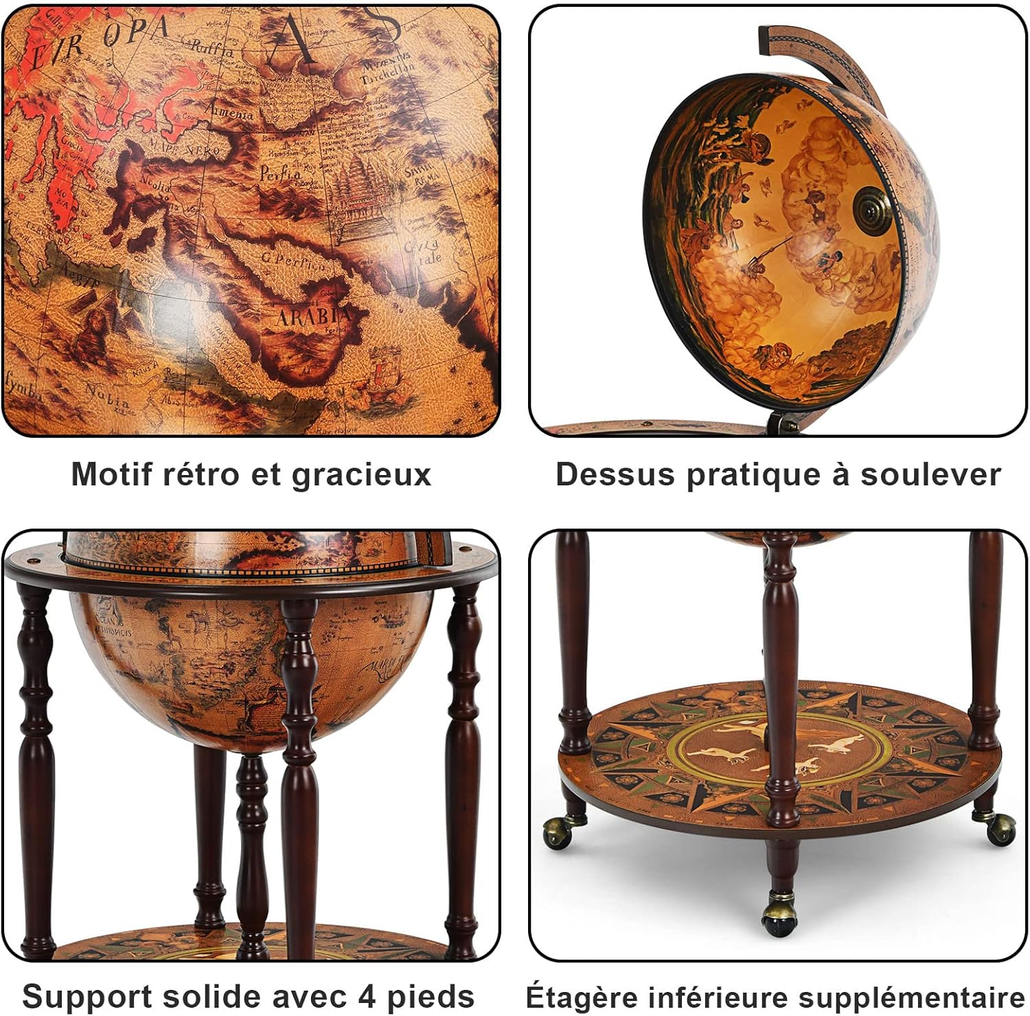 Porta Liquori Mappamondo, Portavino con Ruote, Credenza per Vino con Stile Retrò per Bar Sala da Pranzo e Salone, Diametro 45 cm - 3