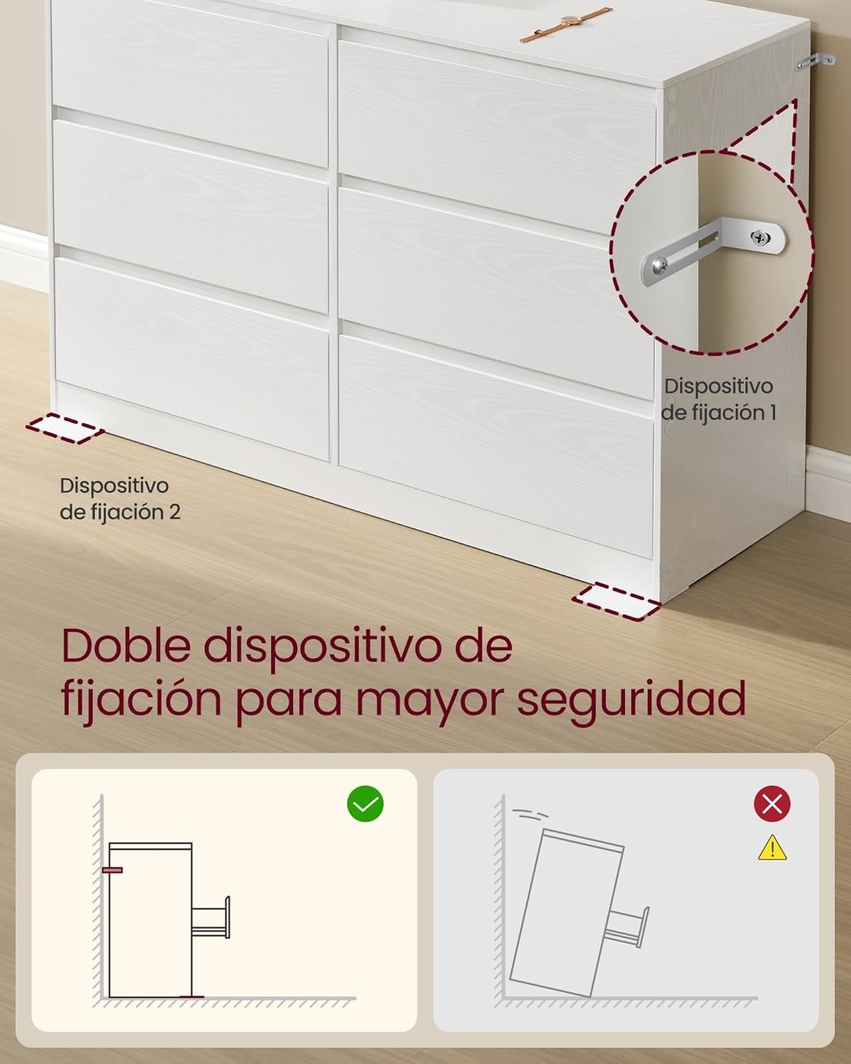 Cómoda de 6 cajones para dormitorio, cajonera de estilo moderno, perfecto para pasillo, salón, dormitorio, color blanco - 5