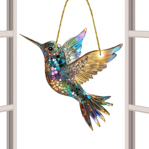 Miroir à deux fenêtres captant la lumière du soleil, décoration de fenêtre peinte colibri, ornement colibri en acrylique, 20*20cm (chaîne incluse). - 4