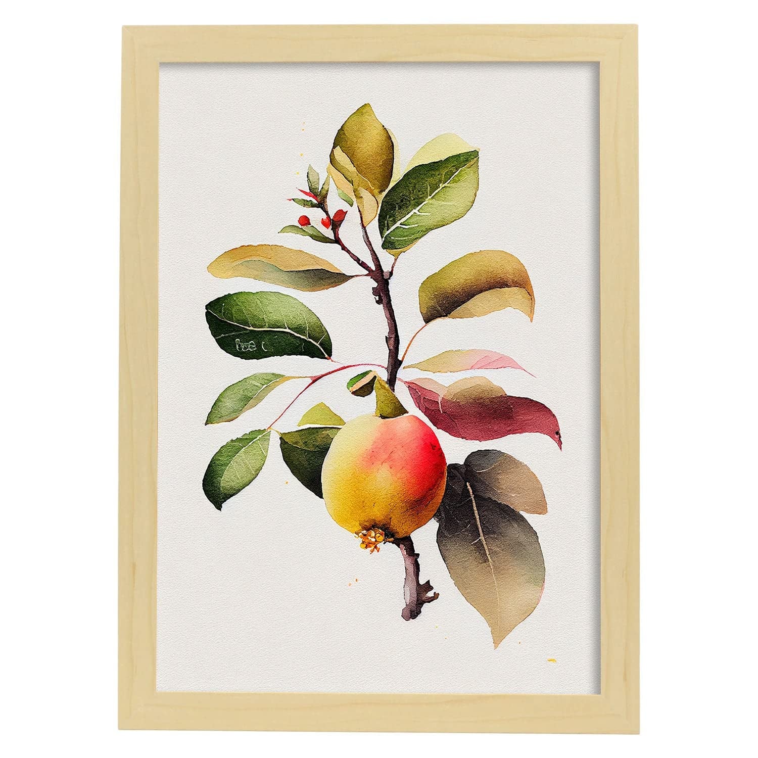 Nacnic poster de membrillo a todo color ilustraciones de frutas verduras y comida sana en estilo acuarela y modelo 1 a3 con marco de madera clara