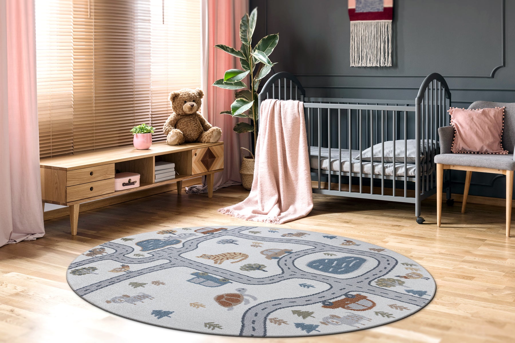 Covor BONO 8283 cerc Strada, animale crem / gri deschis cerc 160 cm ...