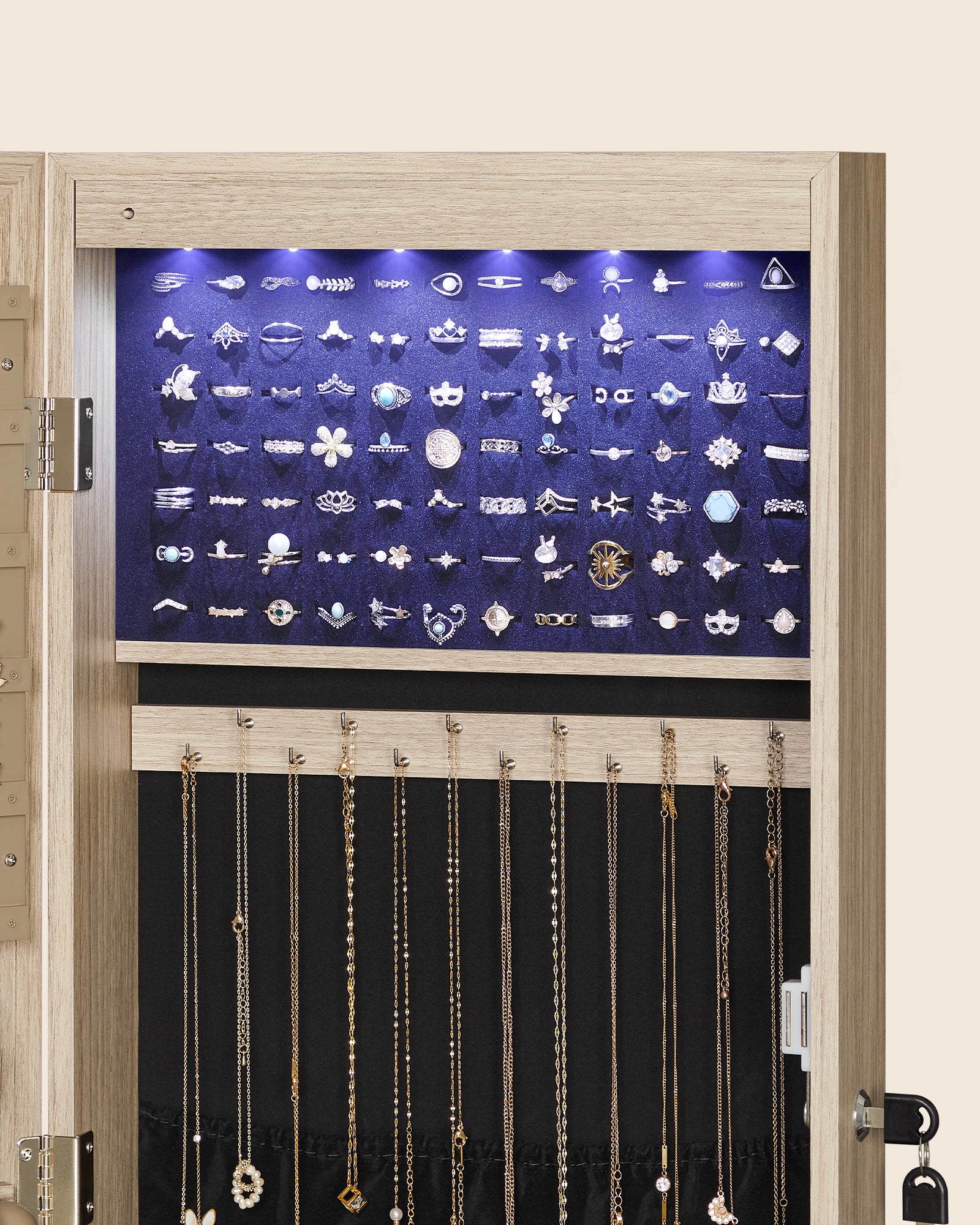 Armoire à Bijoux, Placard à Accessoires, avec Miroir, Divers Compartiments, Verrouillable, Couleur Chêne - 5