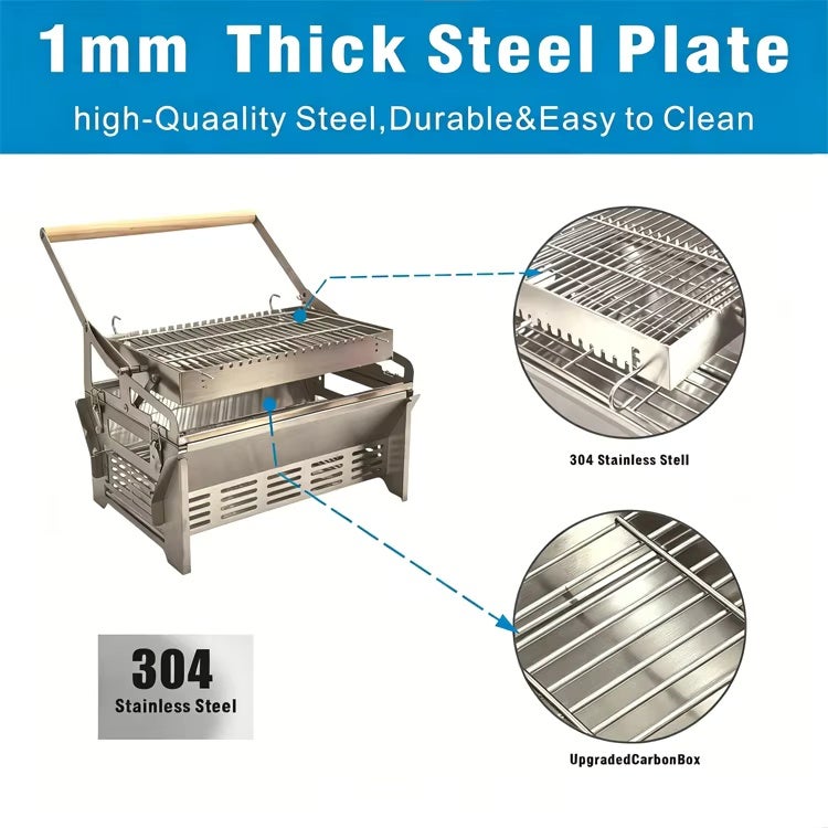 Barbecue charbon portable inox à rotation 360° démontable pour camping, pique-nique, jardin et réception extérieure - 7