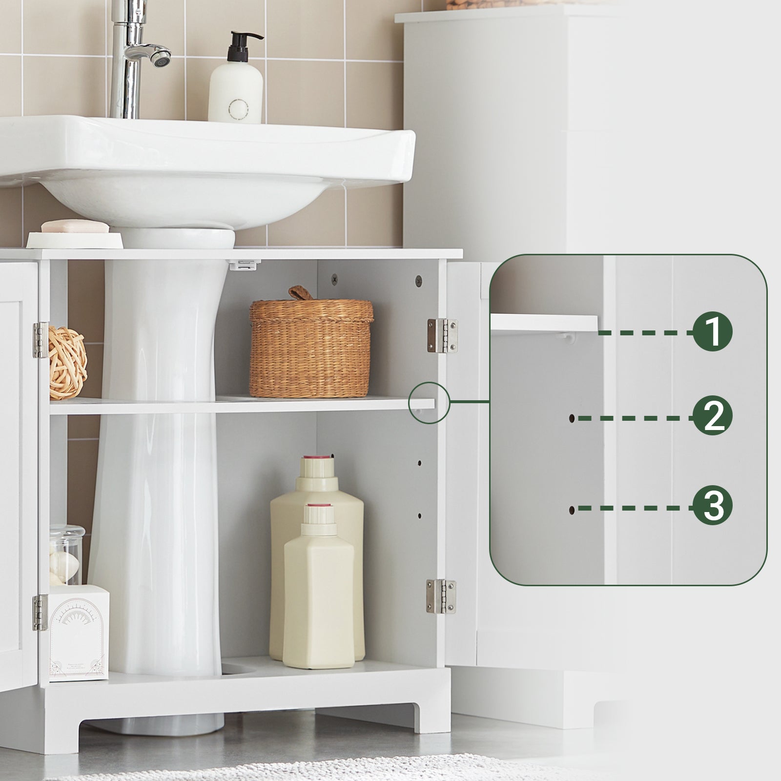 SoBuy Mueble para Debajo del Lavabo Armario de Baño de Suelo con 1 Estante y 2 Puertas 60 x 30 x 60 cm BZR18-II-W ES - 7