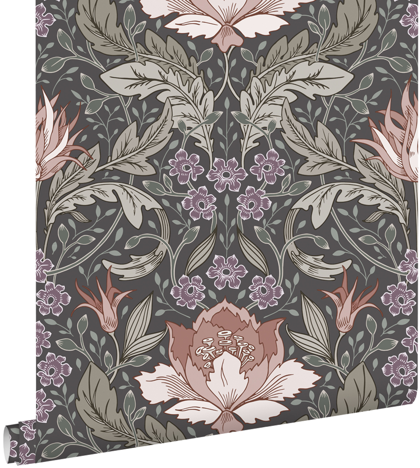 Papel pintado flores vintage en estilo art nouveau verde grisáceo y marrón - 50 x 900 cm - estahome