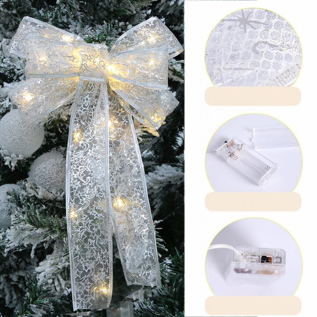 Fiocco Luminoso LED Per Natale – Argento 43 Cm – Con Luci Multicolore – A Batteria Per Porta O Albero