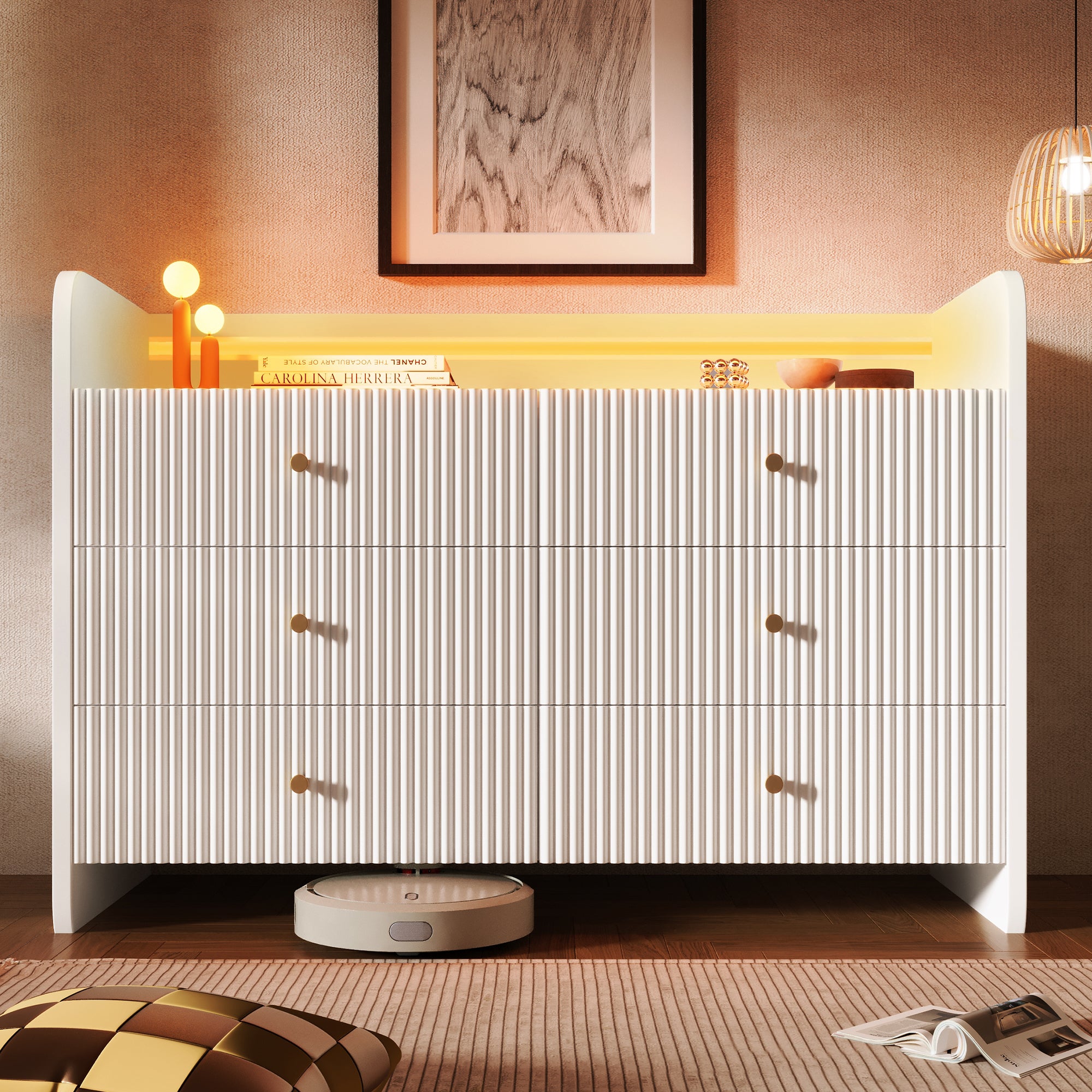 Cassettiera In Tessuto Con LED E Ricarica USB – Sottile Con 4 Cassetti, Tasche Laterali E Ganci, Per Camera Da Letto E Corridoio (Bianco, 40x30x79,5 Cm)