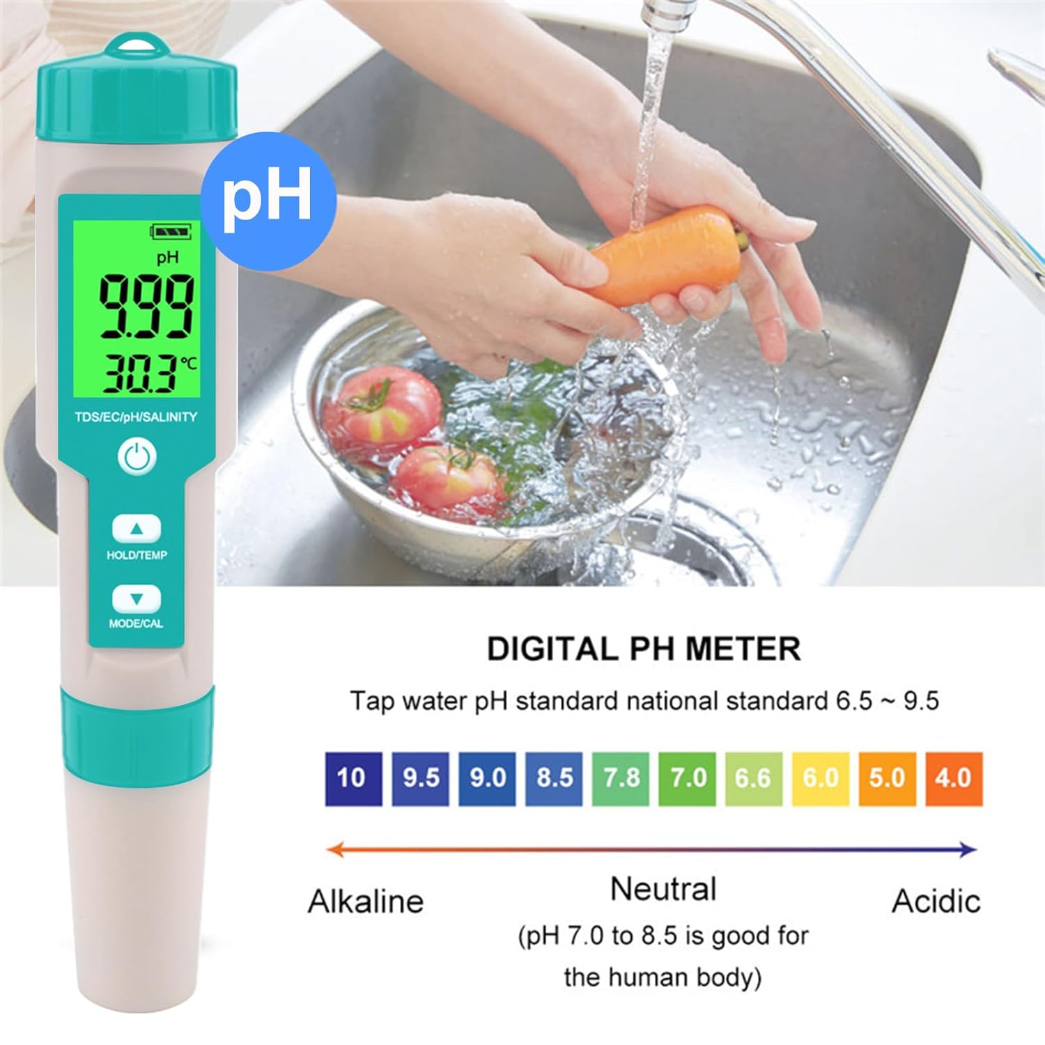 Testeur de sel de piscine - Testeur multifonctionnel 7 en 1 de salinité, de pH, de TDS, d'ORP, d'EC et de température, test de salinité de piscine - 4