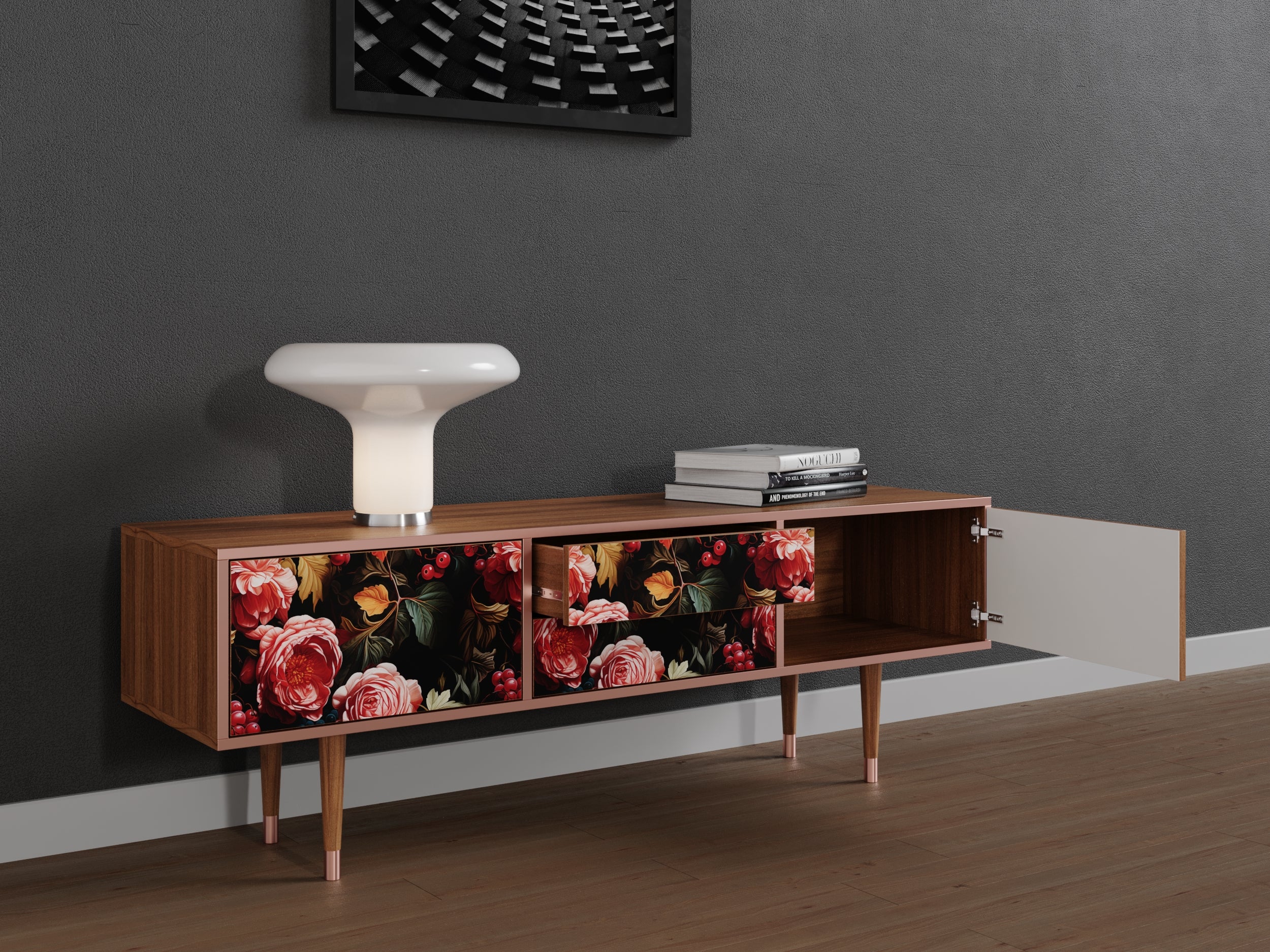 Mobile TV con due porte e due cassetti, lungo 170 cm, in noce - 3