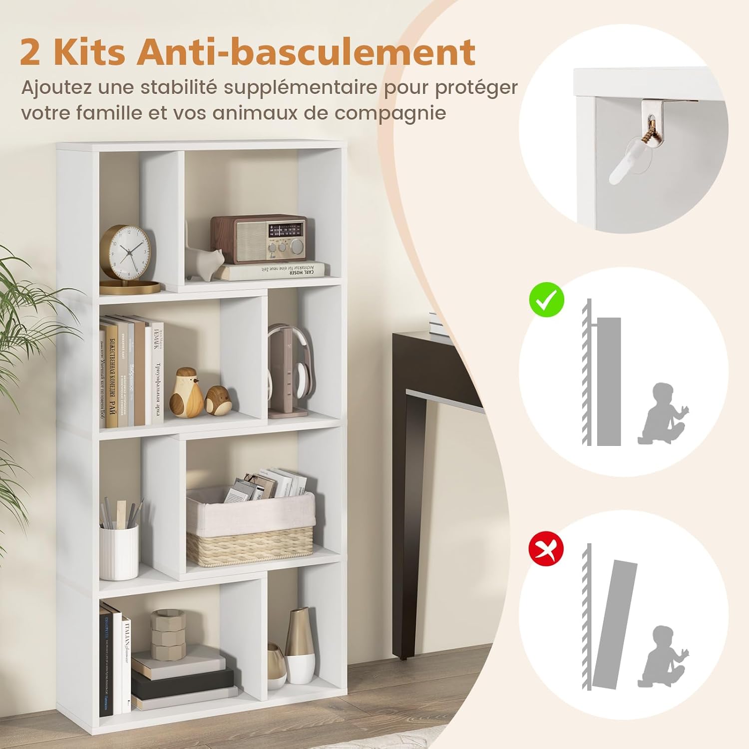 Bibliothèque Étagère à 8 Compartiments Ouvertes, Meuble de Rangement avec Kits Anti-basculement, pour Salon, Bureau, 20x60x120cm, Blanc - 9