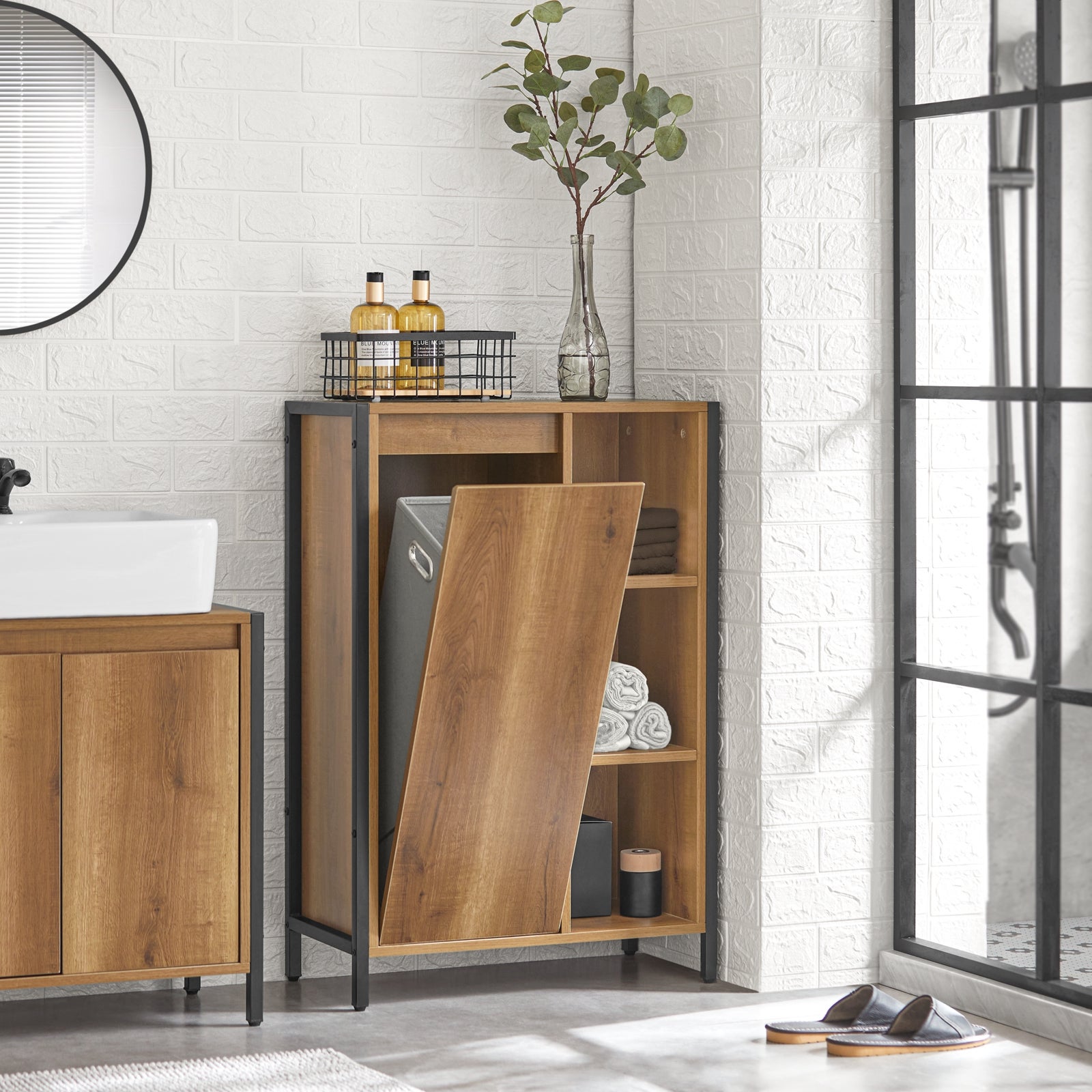 SoBuy BZR65-PF Meuble Bas de Salle de Bain avec Bac à Linge avec 3 Compartiments et 1 Panier à Linge, Style Industriel - 8