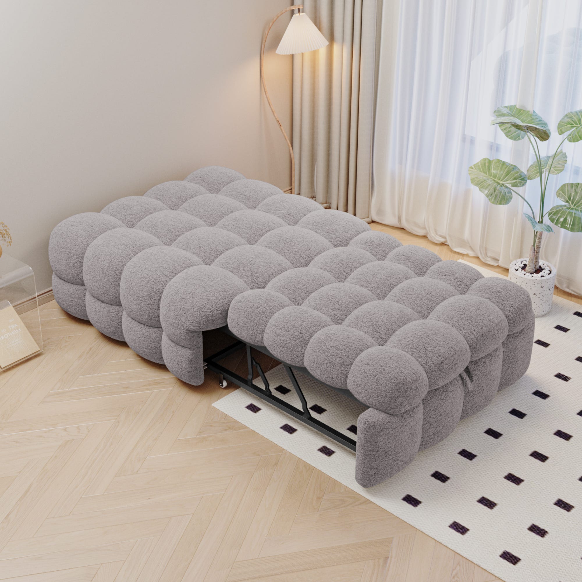 Banquette lit 2 en 1 Avec Pouf Extensible En Tissu Peluche Lit Simple banquette-lit-2-en-1-avec-pouf-extensible-en-tissu-peluche-lit-simple