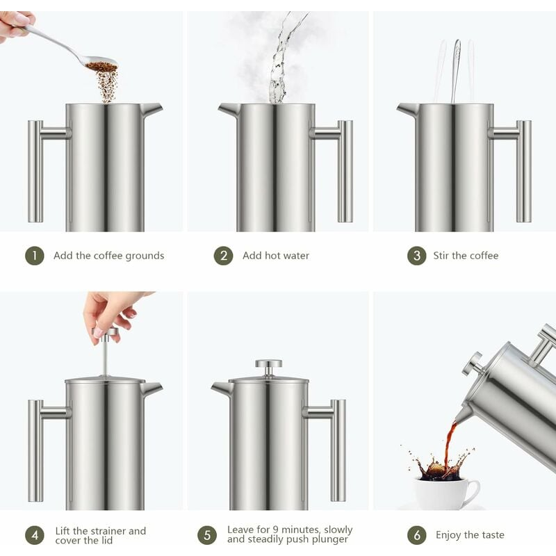 1L stal nierdzewna French Press Coffee Maker, French Press z potrójnym filtrem, French Press z funkcją podtrzymywania ciepła i stalowym tłokiem - 5