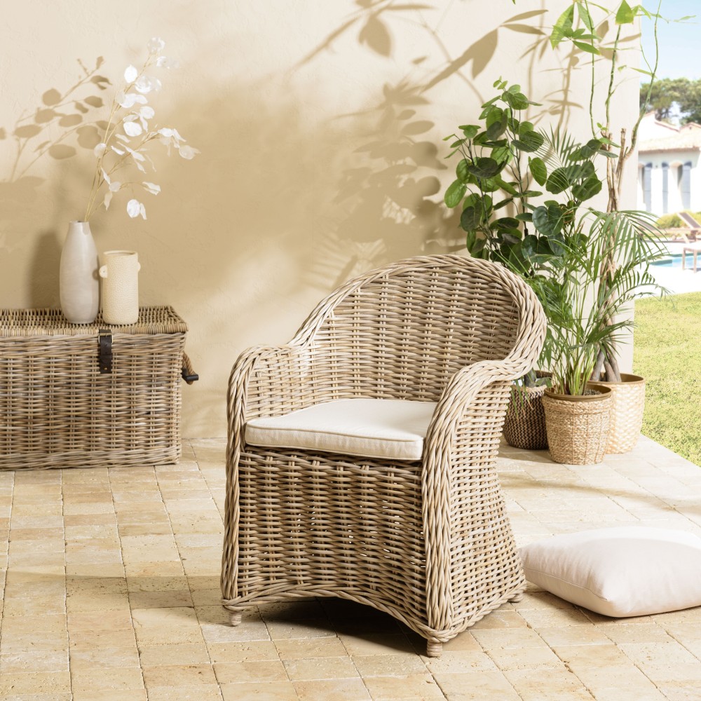 Fauteuil En Rotin Neta Avec Coussin - Naturel - Fauteuil de table