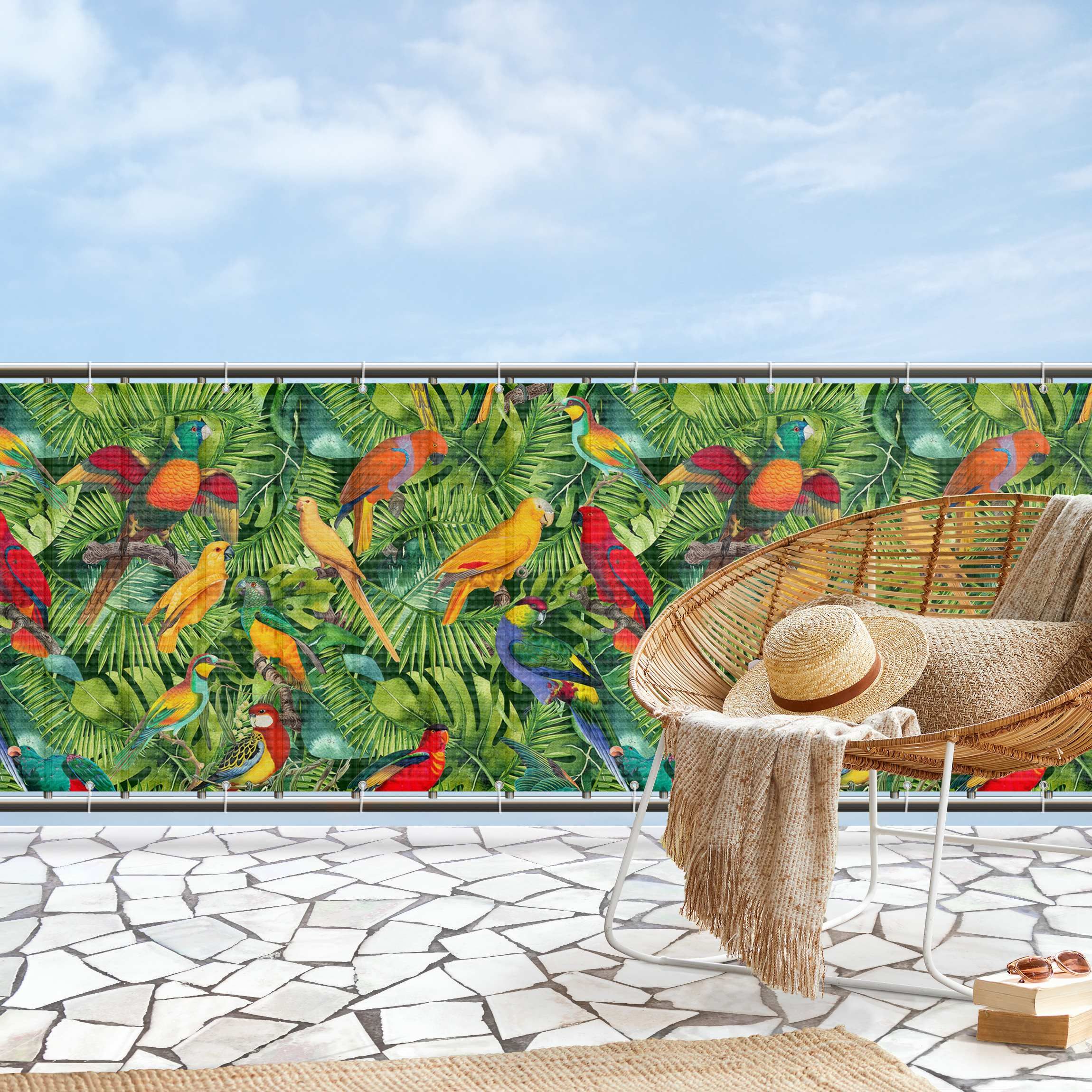 Brise vue Pour Balcon Collage Color Perroquets Dans La Jungle 500 brise-vue-pour-balcon-collage-color-perroquets-dans-la-jungle-500
